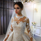 Trendy High neck Mermaid Lace Ivory Wedding Dress with Overskirt-showprettydress