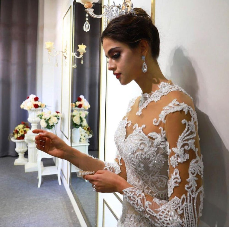 Trendy High neck Mermaid Lace Ivory Wedding Dress with Overskirt-showprettydress