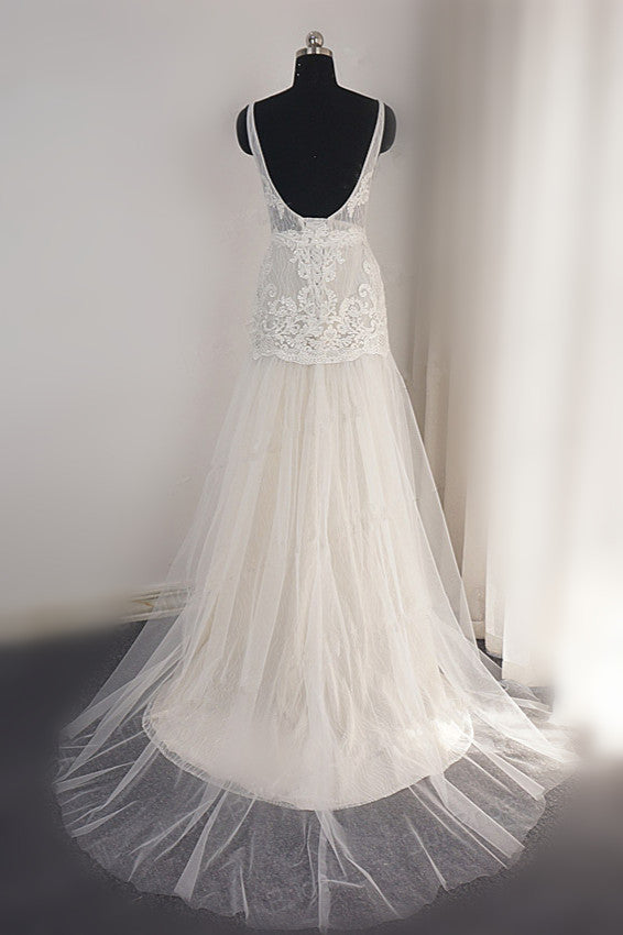 Trendy Ivory Sleeveless Lace Tulle High split A line Wedding Dress-showprettydress
