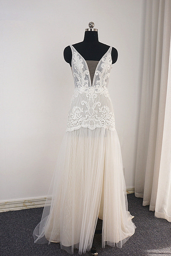 Trendy Ivory Sleeveless Lace Tulle High split A line Wedding Dress-showprettydress