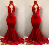 Trendy Mermaid Red Lace High Neck Prom Party Gowns| Red Prom Party Gowns-showprettydress