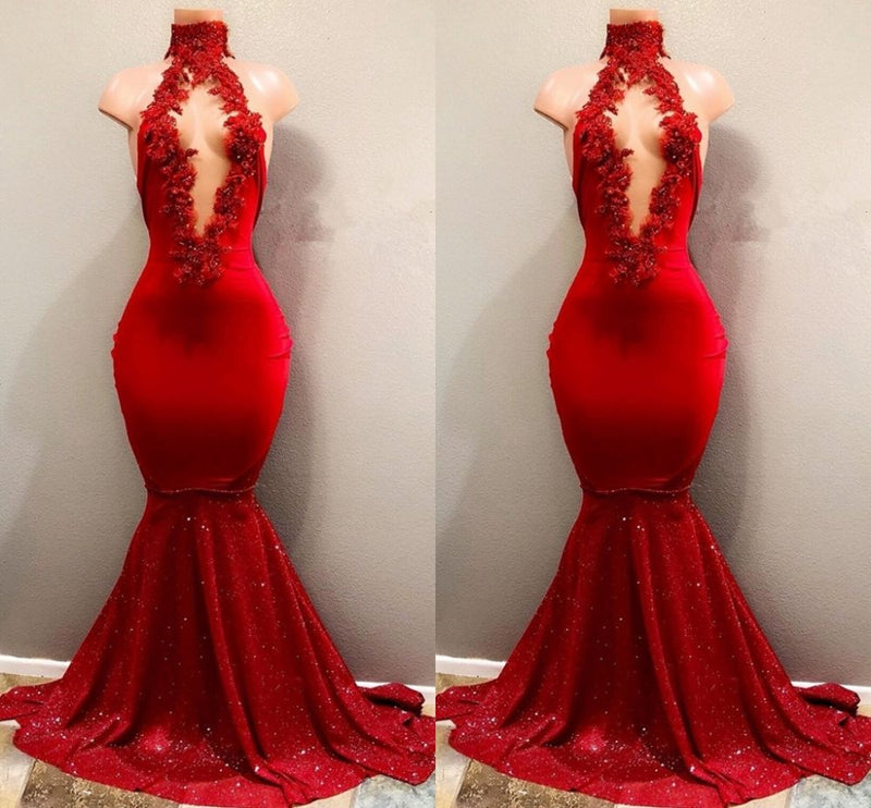 Trendy Mermaid Red Lace High Neck Prom Party Gowns| Red Prom Party Gowns-showprettydress