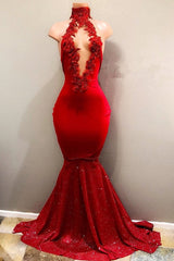 Trendy Mermaid Red Lace High Neck Prom Party Gowns| Red Prom Party Gowns-showprettydress