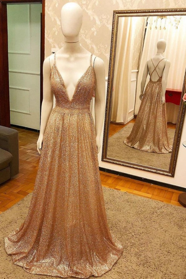 Trendy New Arrival Pluging V-neck Golden Sparkle Prom Party Gowns with Criss-cross Back-showprettydress