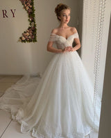 Trendy Off the shoulder Princess Pearl White Ball Gown Wedding Dresses-showprettydress
