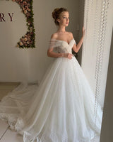 Trendy Off the shoulder Princess Pearl White Ball Gown Wedding Dresses-showprettydress