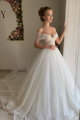 Trendy Off the shoulder Princess Pearl White Ball Gown Wedding Dresses-showprettydress