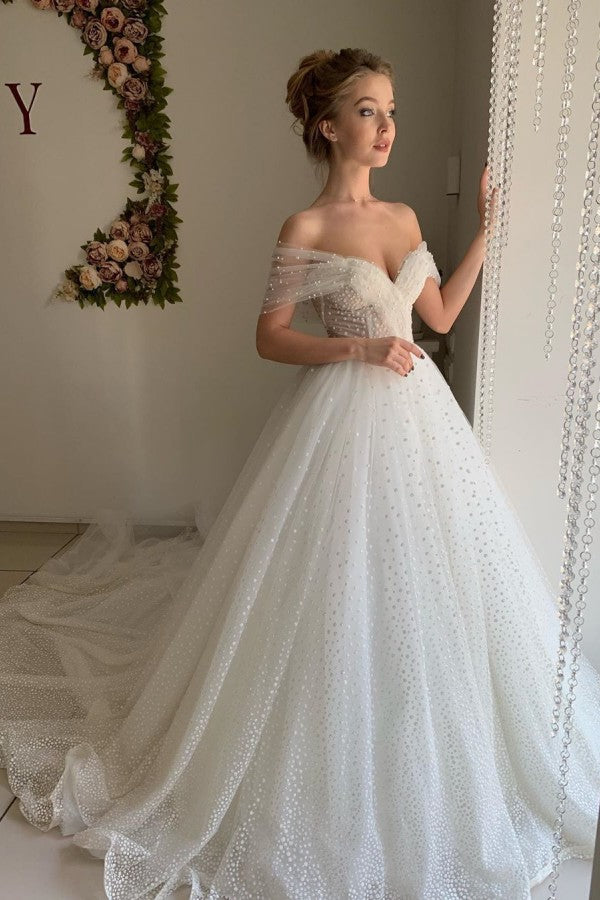 Trendy Off the shoulder Princess Pearl White Ball Gown Wedding Dresses-showprettydress