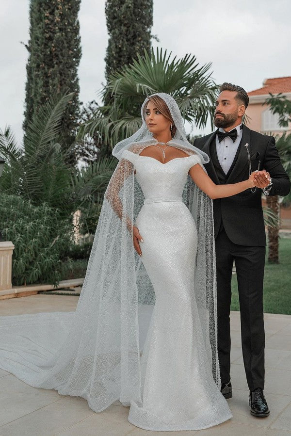 Trendy Off the shoulder White Mermaid Blet Wedding Dresses-showprettydress
