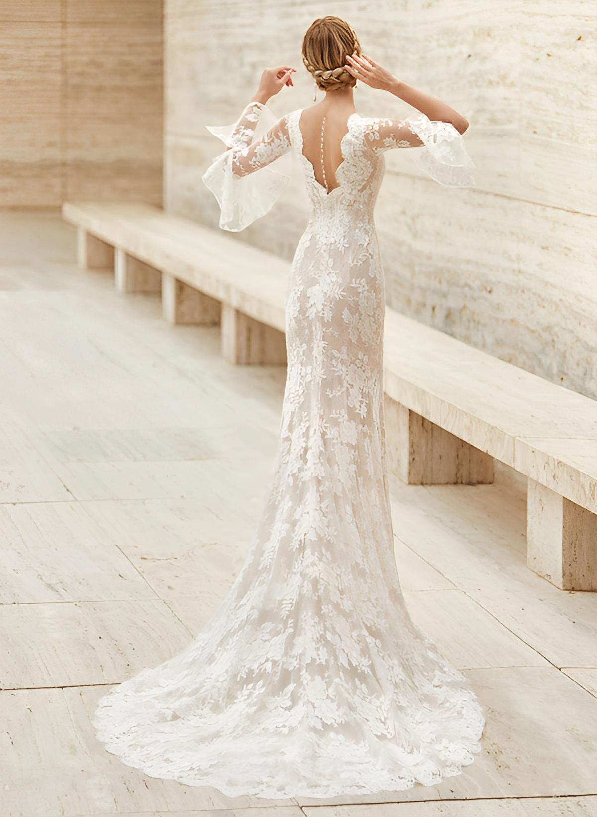 Trumpet Mermaid Fitted V-Neck Long Sleeves Lace Court Train Wedding Dresses Split Front Lace-Showprettydress