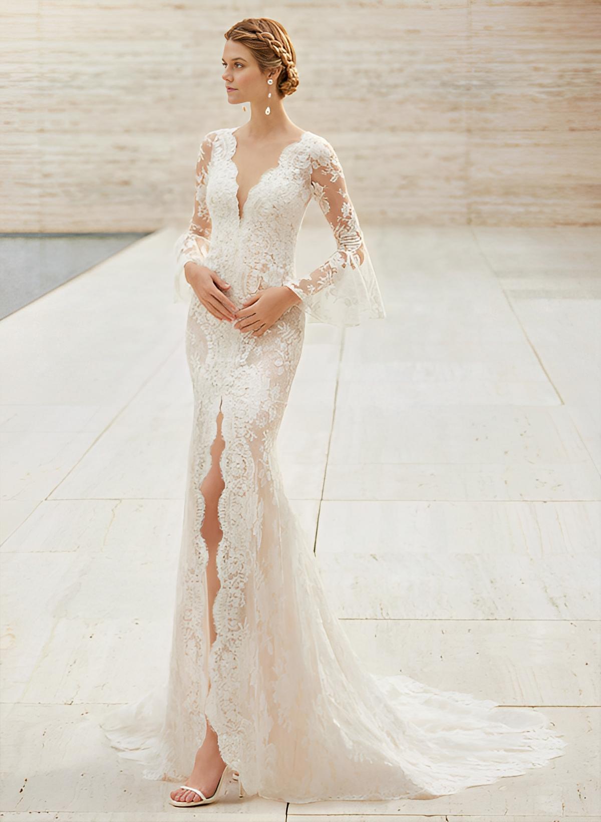 Trumpet Mermaid Fitted V-Neck Long Sleeves Lace Court Train Wedding Dresses Split Front Lace-Showprettydress