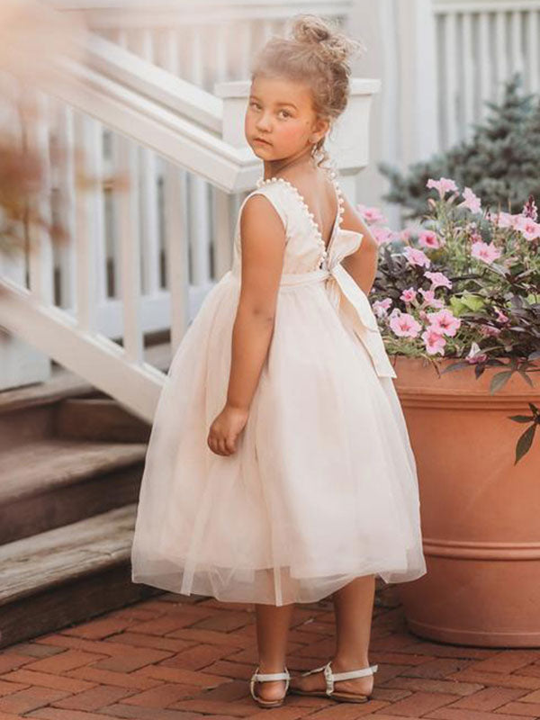Tulle Champagne Jewel Neck Sleeveless Short Princess Party Dress Kids Sash Pageant Dresses-showprettydress