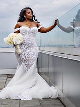 Tulle Court Train Mermaid Sleeveless Off the Shoulder Ruffless Wedding Dresses-showprettydress