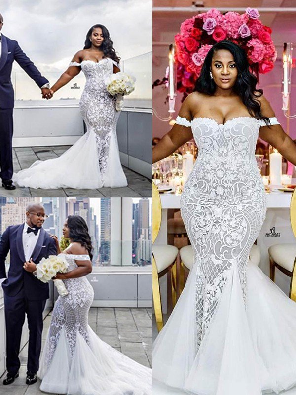 Tulle Court Train Mermaid Sleeveless Off the Shoulder Ruffless Wedding Dresses-showprettydress