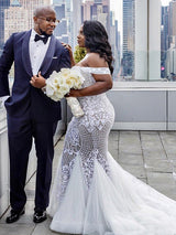 Tulle Court Train Mermaid Sleeveless Off the Shoulder Ruffless Wedding Dresses-showprettydress
