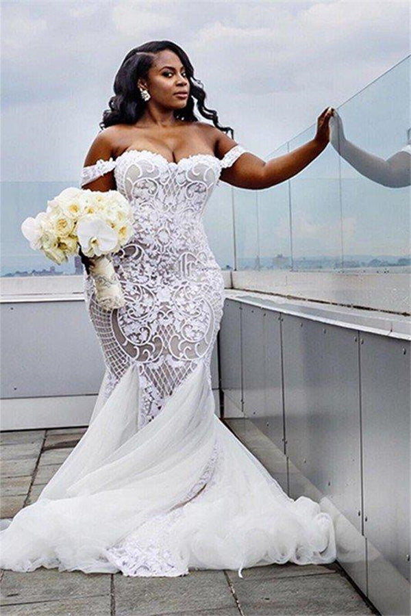 Tulle Court Train Mermaid Sleeveless Off the Shoulder Ruffless Wedding Dresses-showprettydress