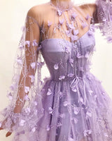 Tulle High Neck Front Slit Prom Party Gowns| Chic Appliques Flowers Long Sleevess Prom Party Gowns-showprettydress