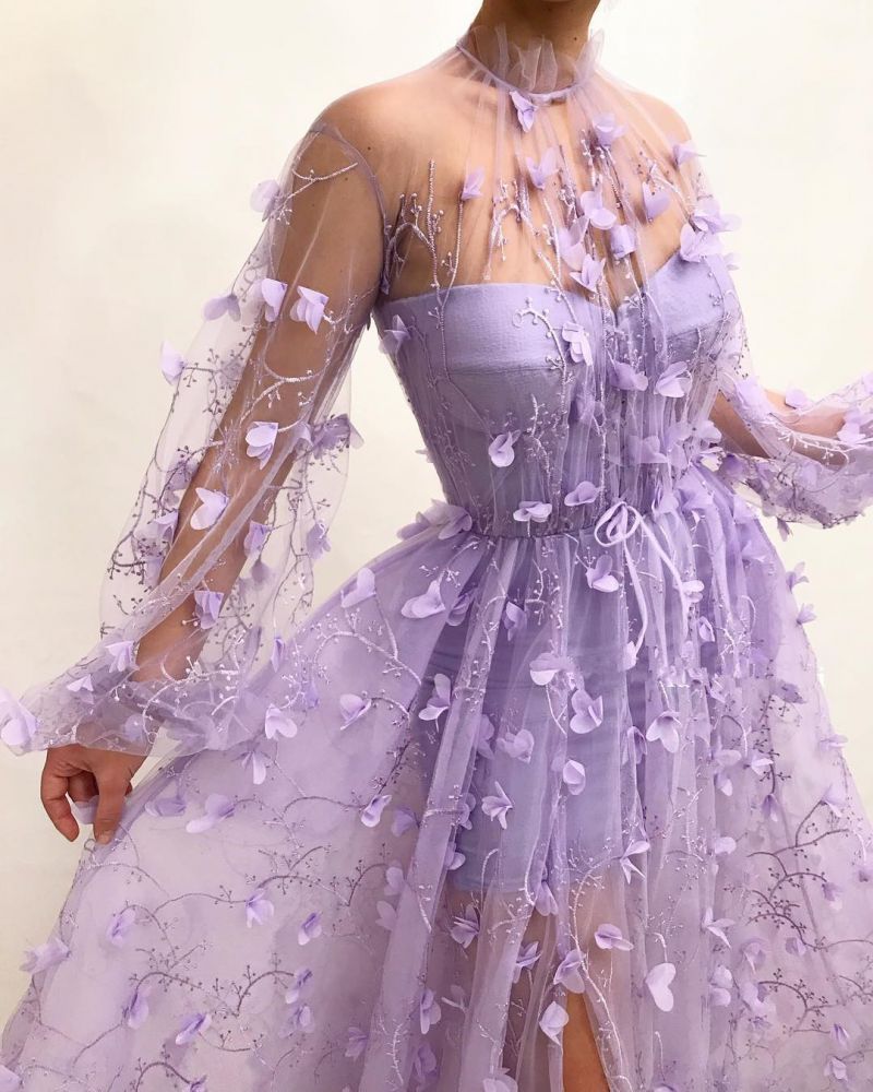 Tulle High Neck Front Slit Prom Party Gowns| Chic Appliques Flowers Long Sleevess Prom Party Gowns-showprettydress