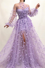 Tulle High Neck Front Slit Prom Party Gowns| Chic Appliques Flowers Long Sleevess Prom Party Gowns-showprettydress