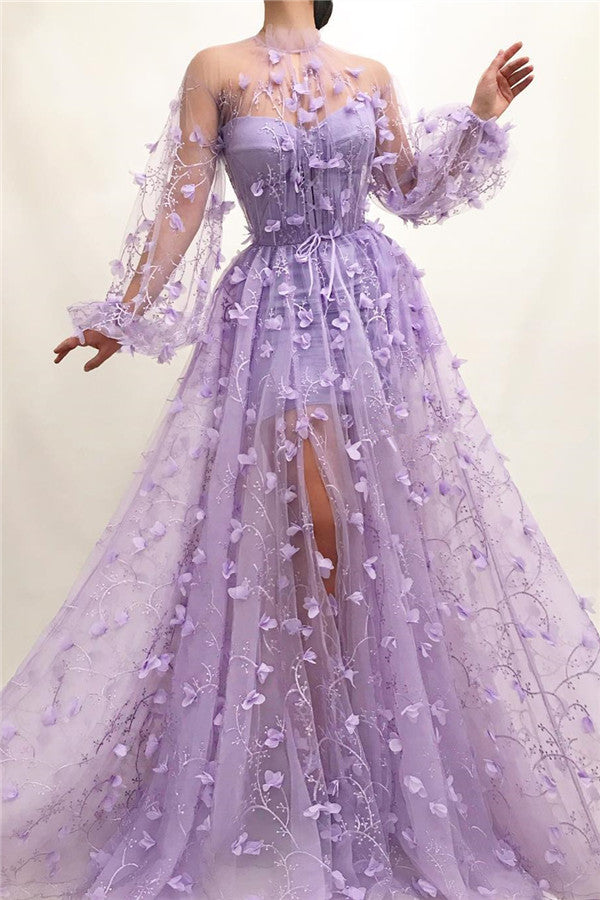 Tulle High Neck Front Slit Prom Party Gowns| Chic Appliques Flowers Long Sleevess Prom Party Gowns-showprettydress