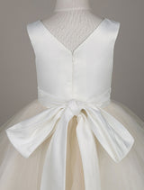 Tulle Satin V Neck Tutu Dress Ivory Beading Waist Sleeveless A-line Dinner Dress With Sash-showprettydress