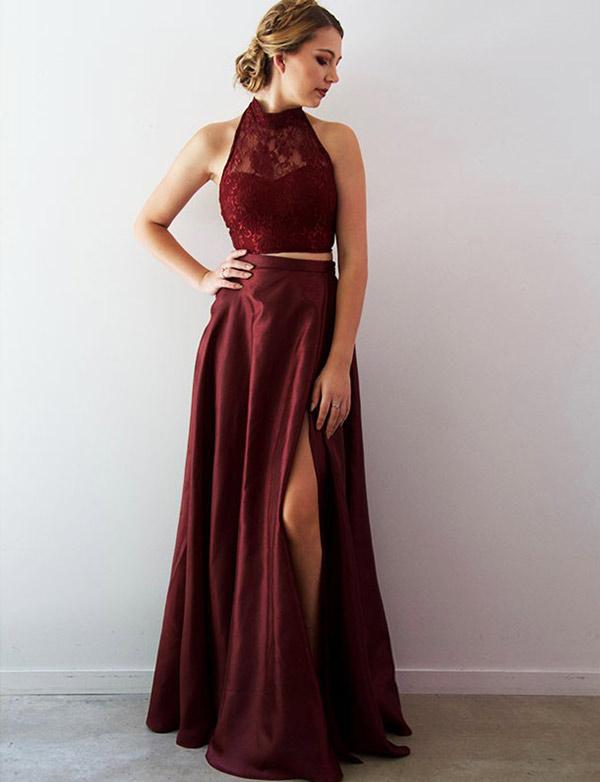 Two Piece Lace A-Line Split Front Floor-Length Halter Prom Party Gowns-showprettydress