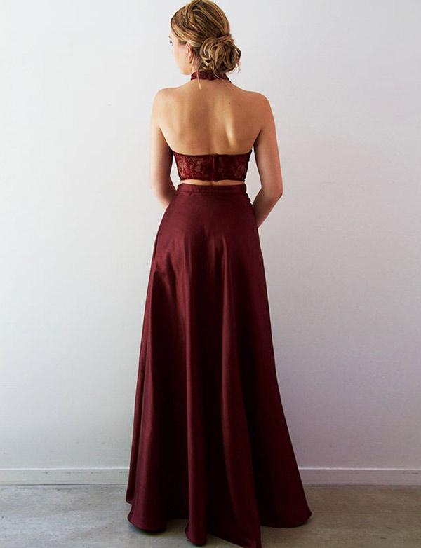 Two Piece Lace A-Line Split Front Floor-Length Halter Prom Party Gowns-showprettydress