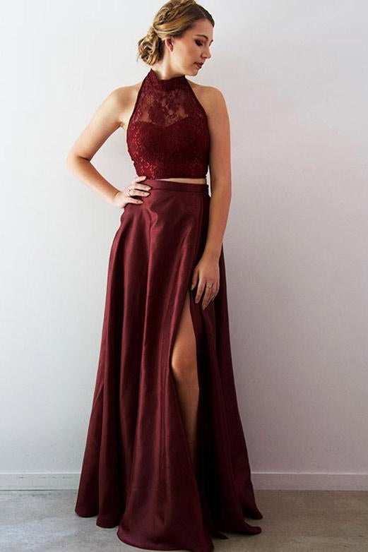 Two Piece Lace A-Line Split Front Floor-Length Halter Prom Party Gowns-showprettydress