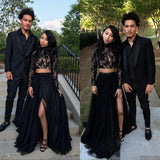 Two Piece Long Sleeves Evening Gown Black Chic Slit Lace Prom Party Gowns-showprettydress