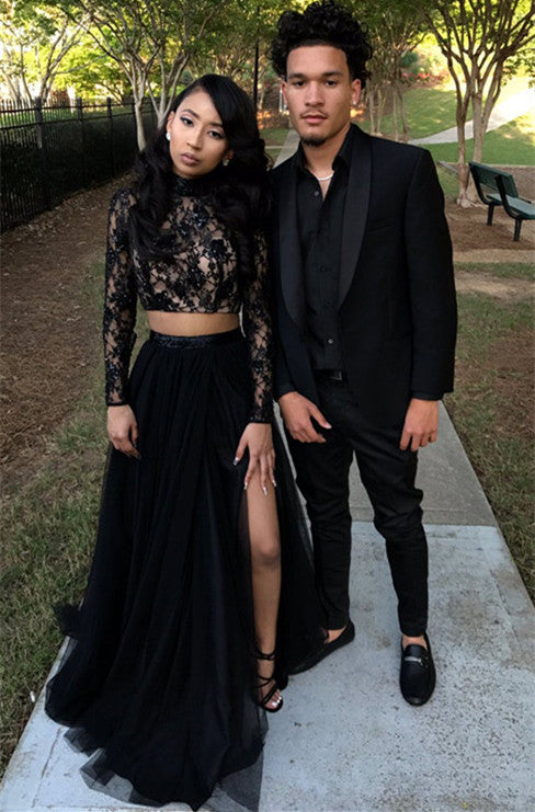 Two Piece Long Sleeves Evening Gown Black Chic Slit Lace Prom Party Gowns-showprettydress