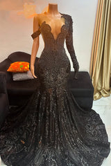 Unique Black Long Beaded Mermaid Court Train Prom Dresses with Sleeves-showprettydress