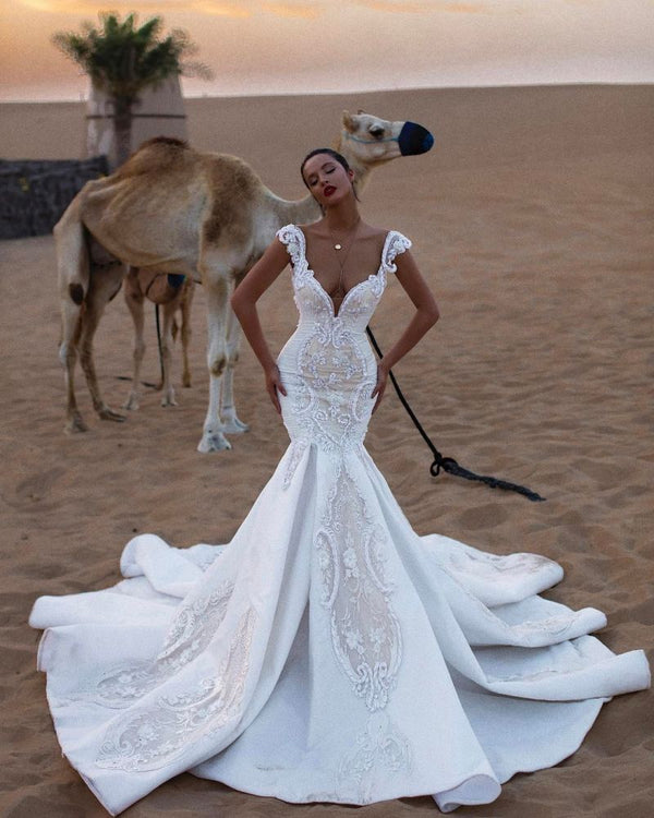 Unique Cap Sleeves V-Neck Appliques Mermaid Sweep Train Wedding Dresses-showprettydress