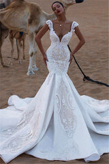 Unique Cap Sleeves V-Neck Appliques Mermaid Sweep Train Wedding Dresses-showprettydress