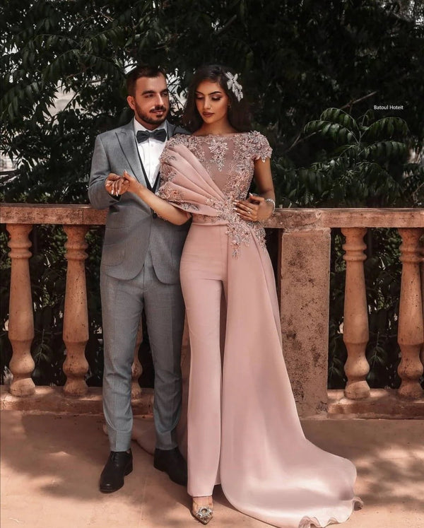 Unique Dusty Pink Long Cap sleeves Beaded Prom Pants-showprettydress