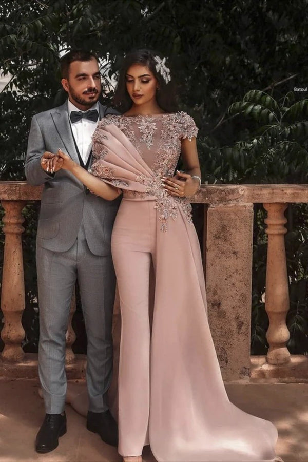Unique Dusty Pink Long Cap sleeves Beaded Prom Pants-showprettydress