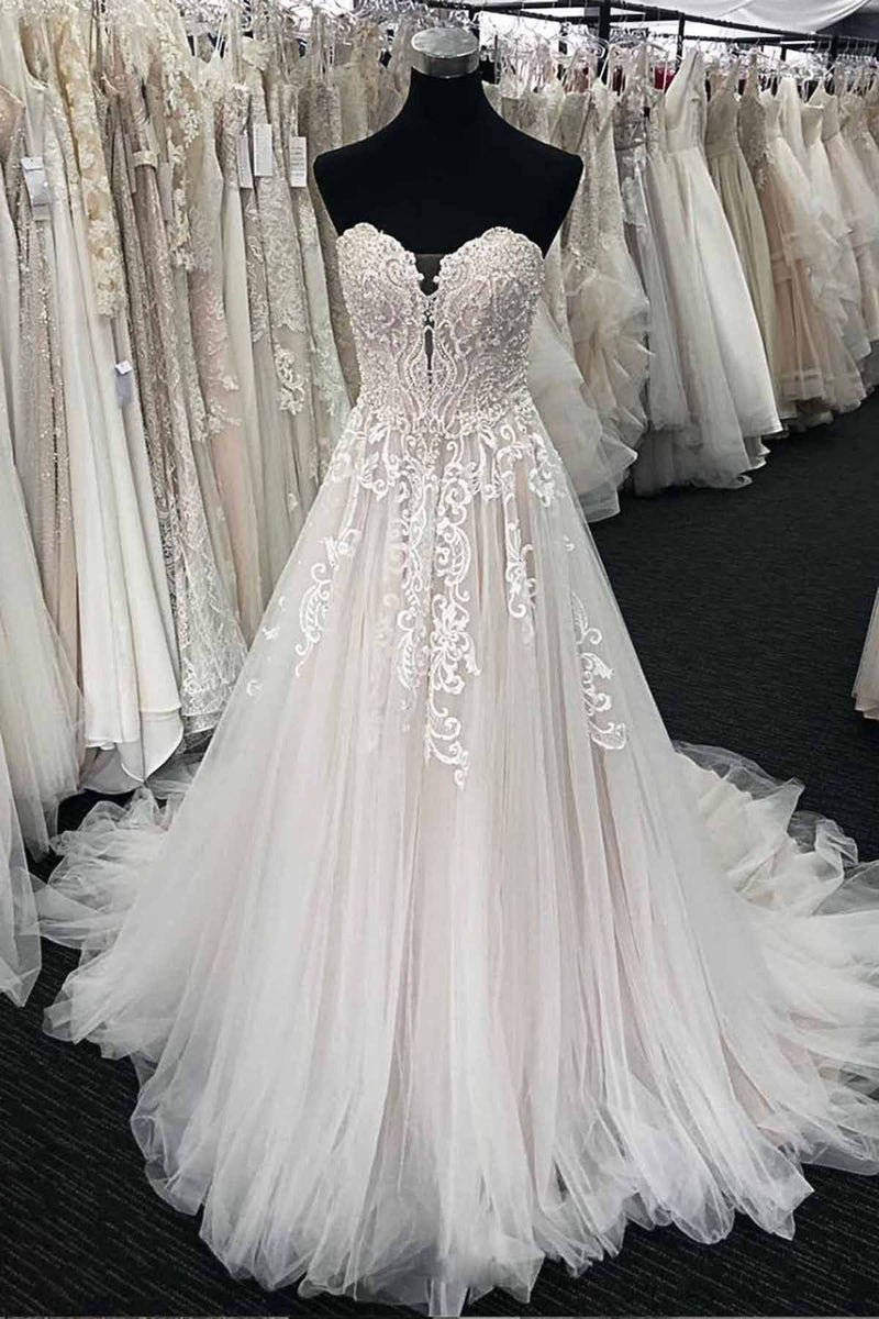 Unique Long A-line Lace Sweetheart Tulle Wedding Dress-showprettydress