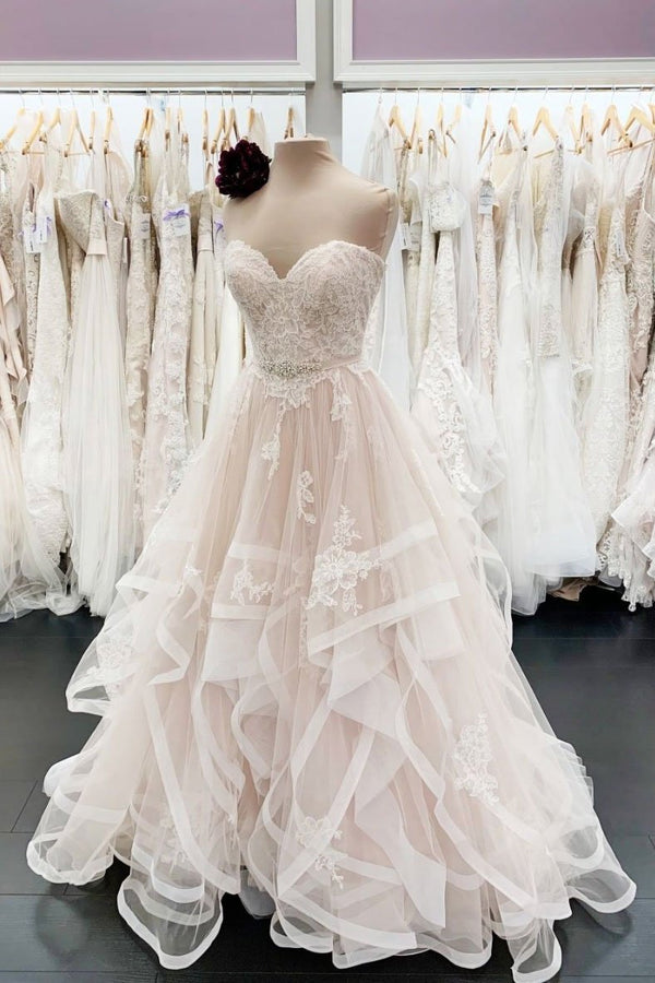 Unique Long A Line Sweetheart Neck Lace Multi-layer Wedding Dress-showprettydress