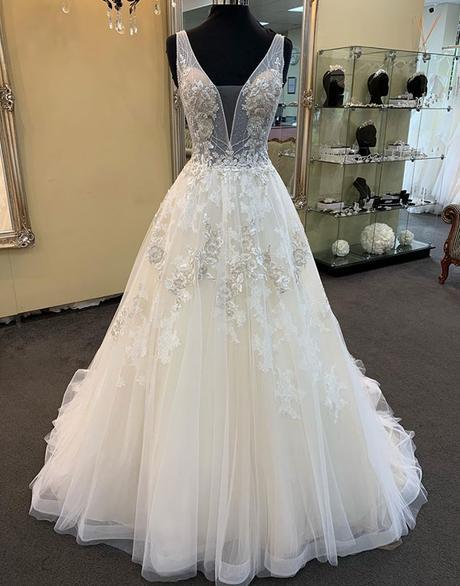 Unique Long A-line Tulle V Neck Beaded Lace Wedding Dress-showprettydress