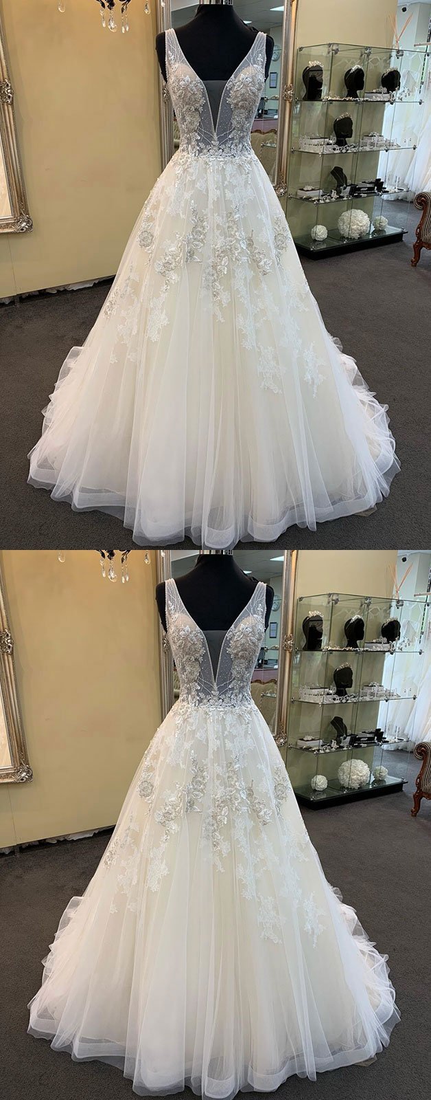 Unique Long A-line Tulle V Neck Beaded Lace Wedding Dress-showprettydress