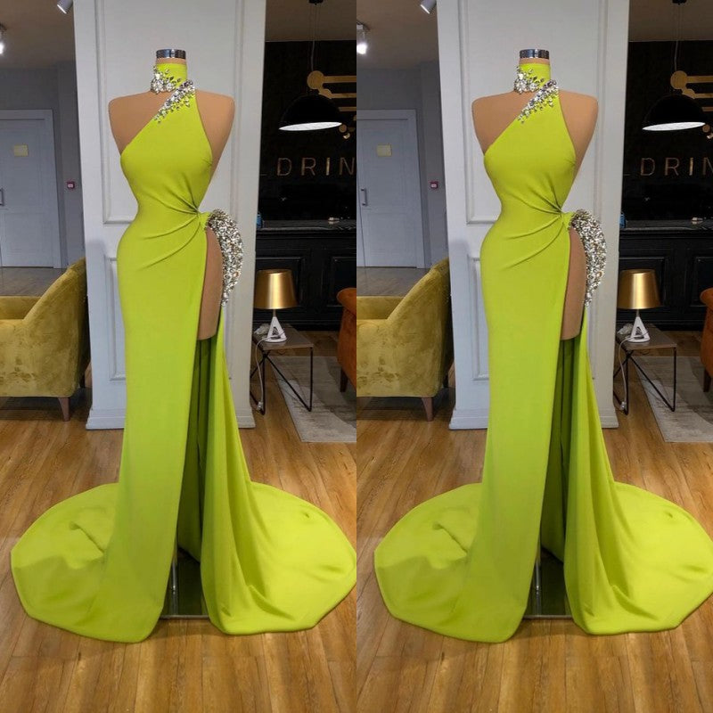 Unique Long Mermaid Triangle Neck Satin Prom Dresses with Slit-showprettydress