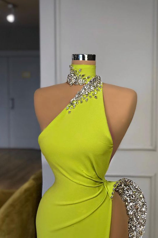 Unique Long Mermaid Triangle Neck Satin Prom Dresses with Slit-showprettydress