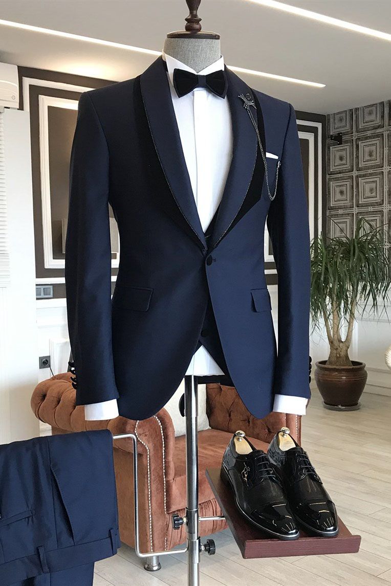 Unique Navy Blue Shawl Lapel With One Button Wedding Suit-showprettydress