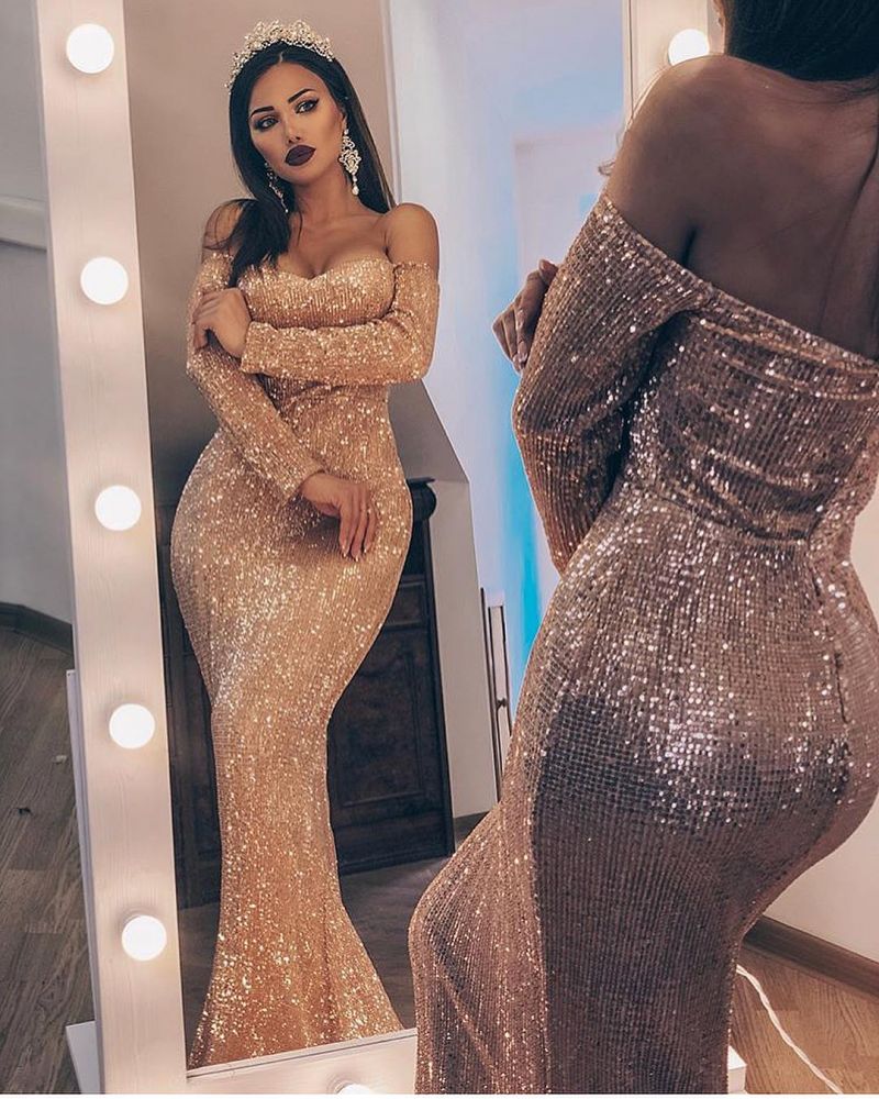 Unique Off-the-Shoulder Charming Sequins Wholesale Evening Dresses Elegant Long Sleeves Fit and Flare Prom Dresses On Sale-showprettydress
