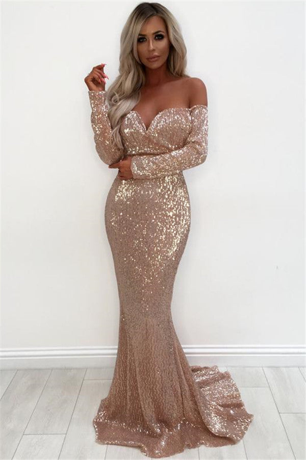 Unique Off-the-Shoulder Charming Sequins Wholesale Evening Dresses Elegant Long Sleeves Fit and Flare Prom Dresses On Sale-showprettydress