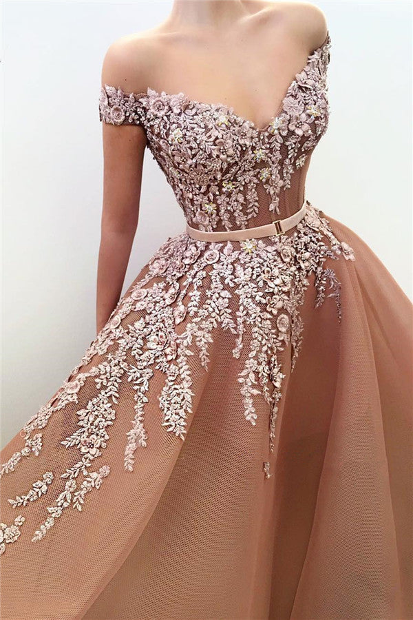Unique Off-the-Shoulder Sweetheart Long Prom Party Gowns| Chic Ball Gown Applqiues Sleeveless Affordable Prom Party Gowns-showprettydress