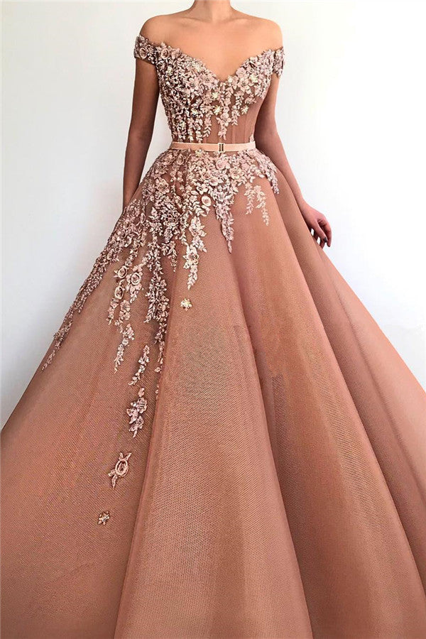 Unique Off-the-Shoulder Sweetheart Long Prom Party Gowns| Chic Ball Gown Applqiues Sleeveless Affordable Prom Party Gowns-showprettydress