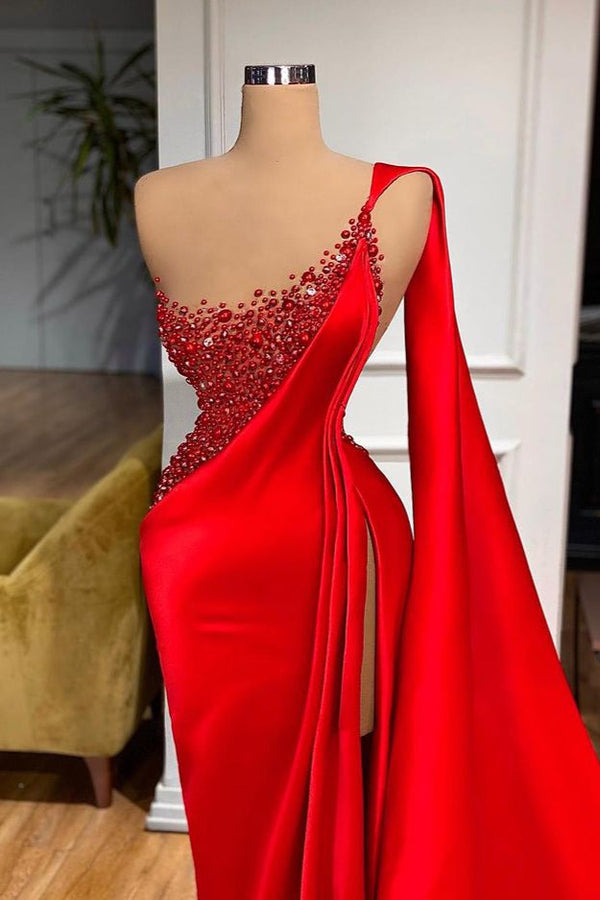 Unique Red Long Mermaid One Shoulder Satin Stones Evening Dress with Slit-showprettydress
