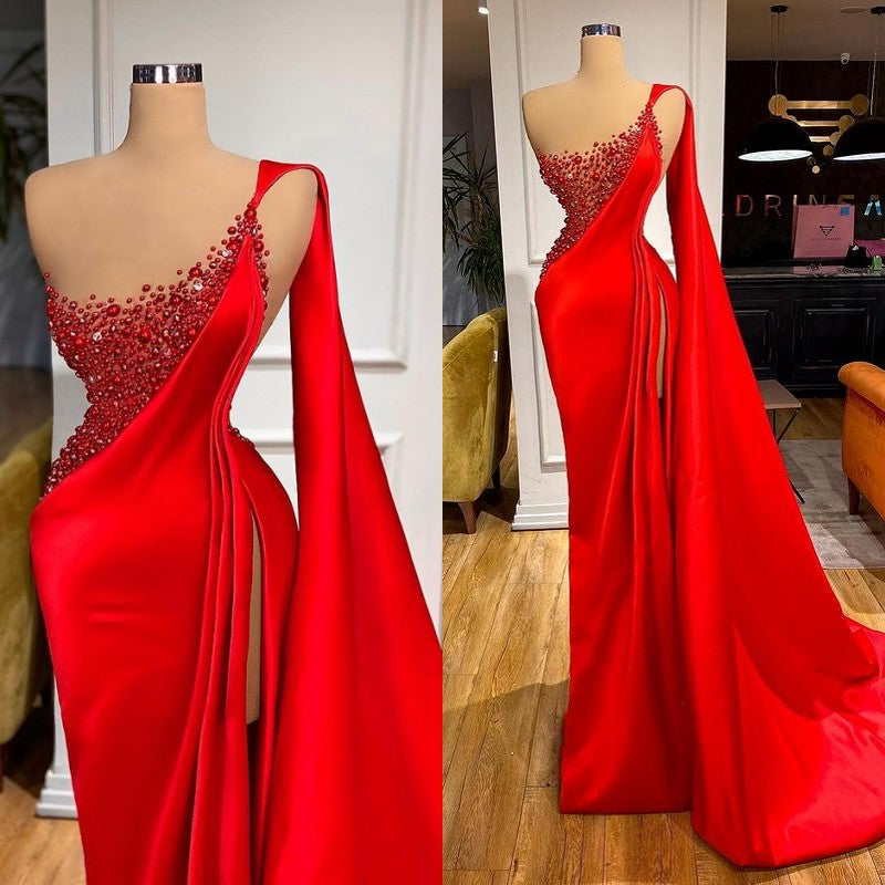 Unique Red Long Mermaid One Shoulder Satin Stones Evening Dress with Slit-showprettydress