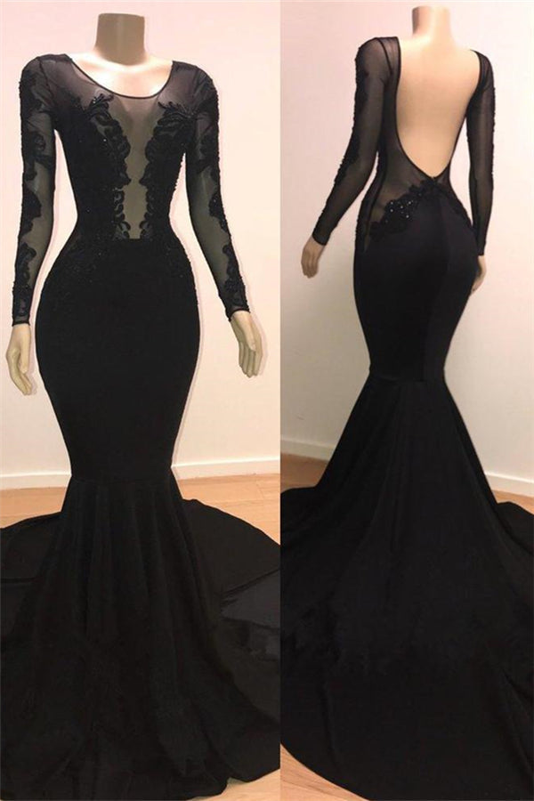 Gorgeous Mermaid Scoop Chiffon Long Sleeves Applique Prom Dresses