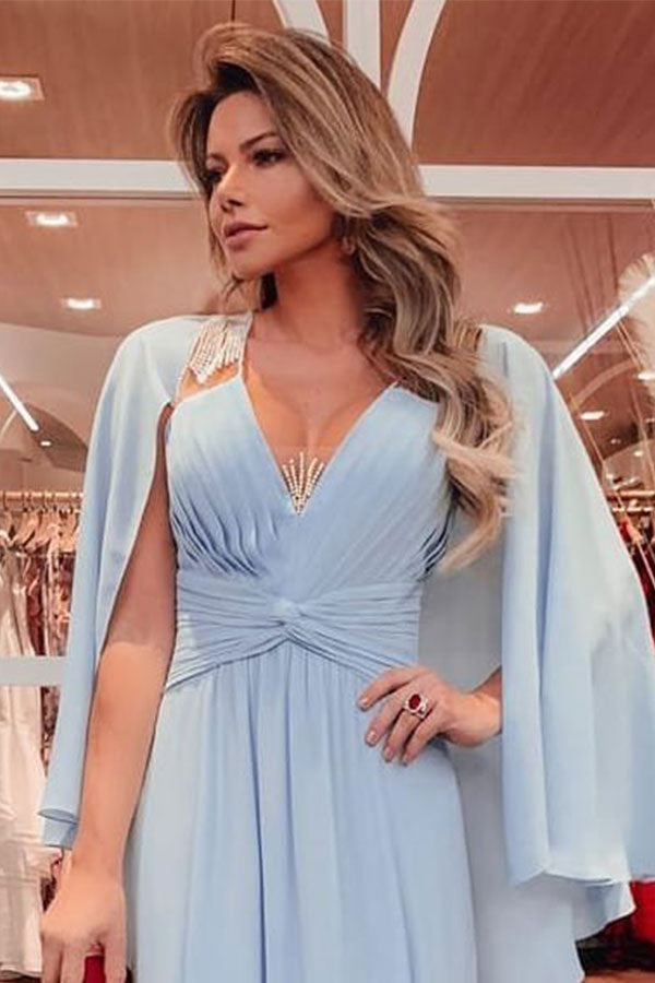 Unique Sky Blue Beaded V-neck Soft Pleats Long Evening Gowns with Shawl-showprettydress
